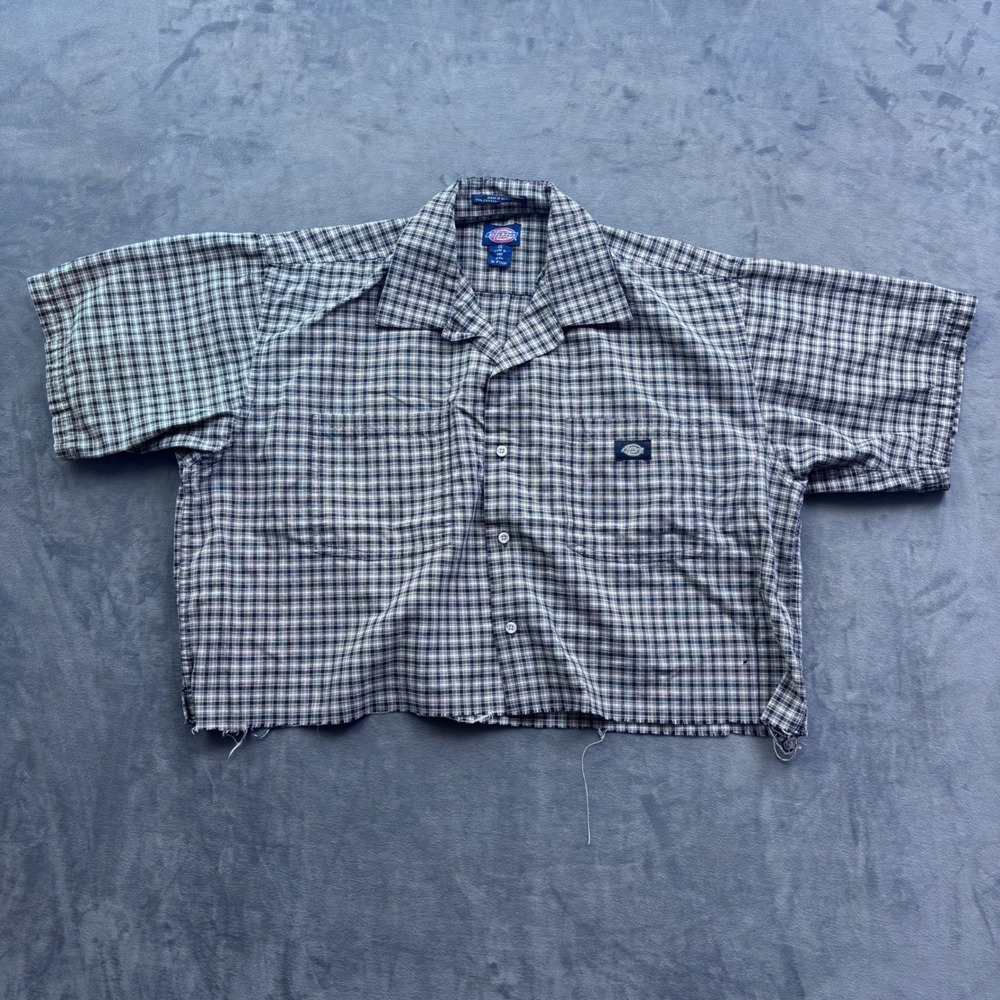 Dickies Mens XL Plaid Short Sleeve Button Down Cropped Raw Hem Boxy Shirt Navy